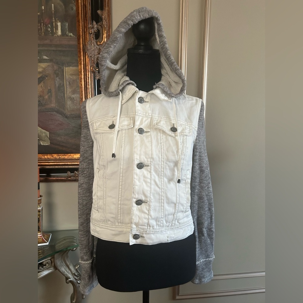 Free People Long Sleeve Hooded Denim Jacket Ivory Combo XS - Picture 2 of 8